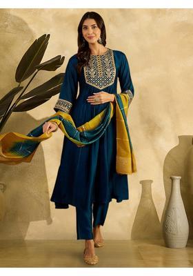 Teal Embroidery Silk Anarkali Set