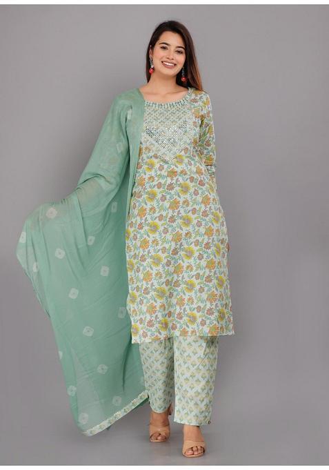 Mint Green Floral Cotton Kurta Set — view on Indya