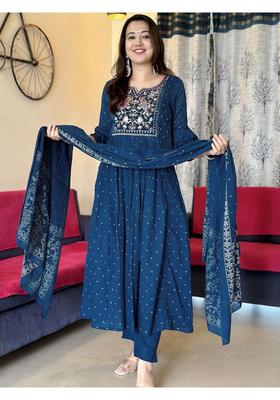 Blue Embroidery Rayon Kurta Set