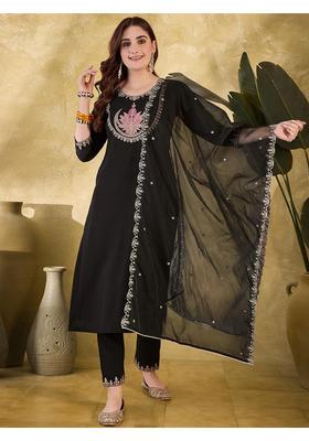 Black Embroidery Silk Kurta Set