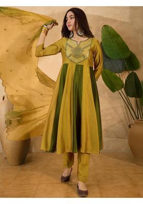 Green Colorblock Silk Anarkali Set