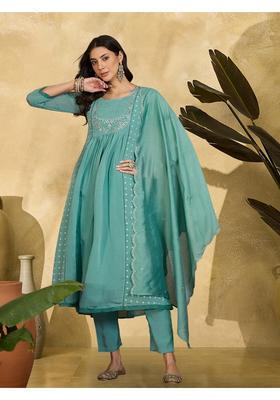 Sky Blue Embroidery Silk Anarkali Set