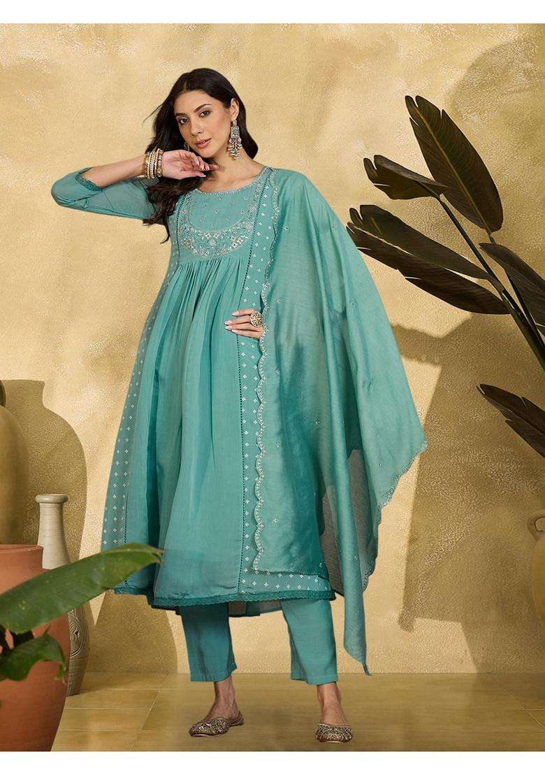 Sky Blue Embroidery Silk Blend Anarkali Set - Indya