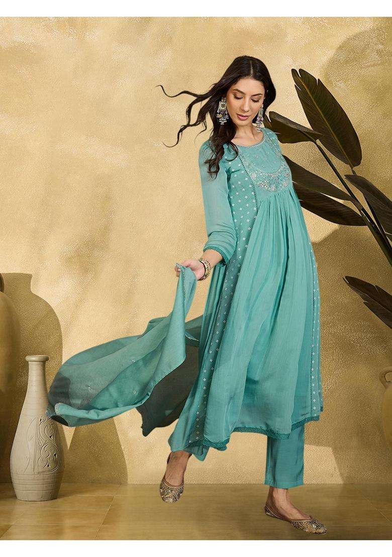 Sky Blue Embroidery Silk Blend Anarkali Set - Indya