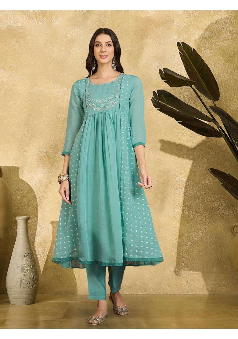 Sky Blue Embroidery Silk Blend Anarkali Set - Indya