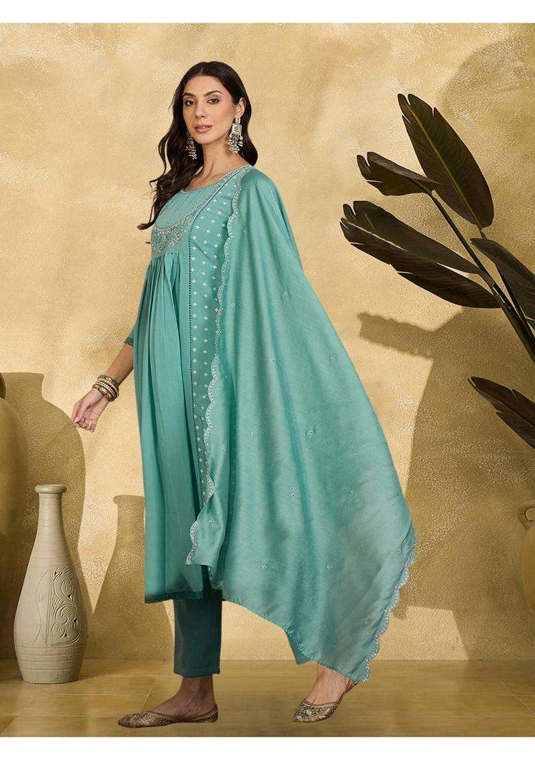 Sky Blue Embroidery Silk Blend Anarkali Set - Indya