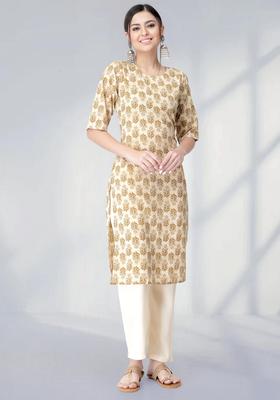 Cream Printed Crepe Kurta Set