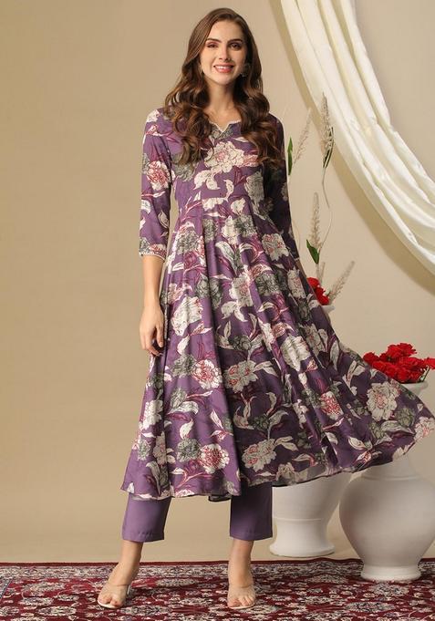 Purple Floral Rayon Anarkali Set — view on Indya