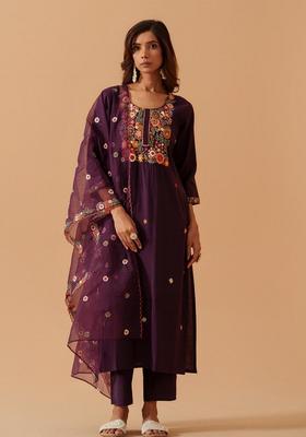 Deep Purple Embroidery Silk Kurta Set