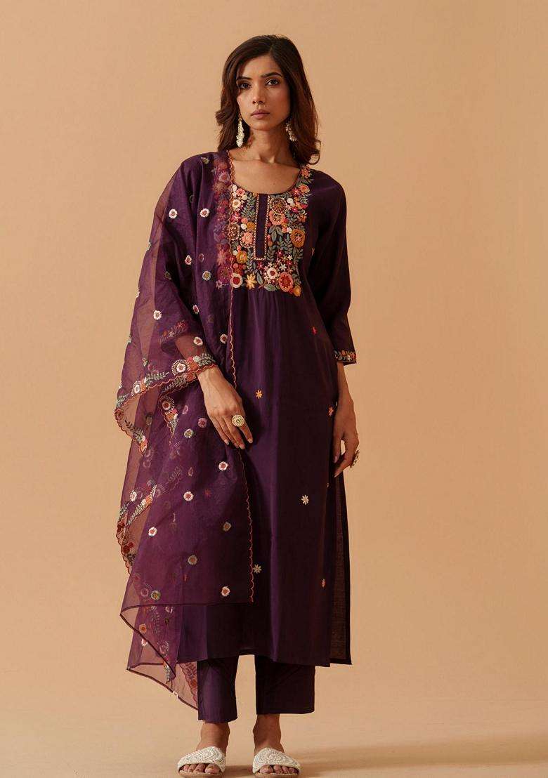 Deep Purple Embroidery Silk Blend Kurta Set - Indya