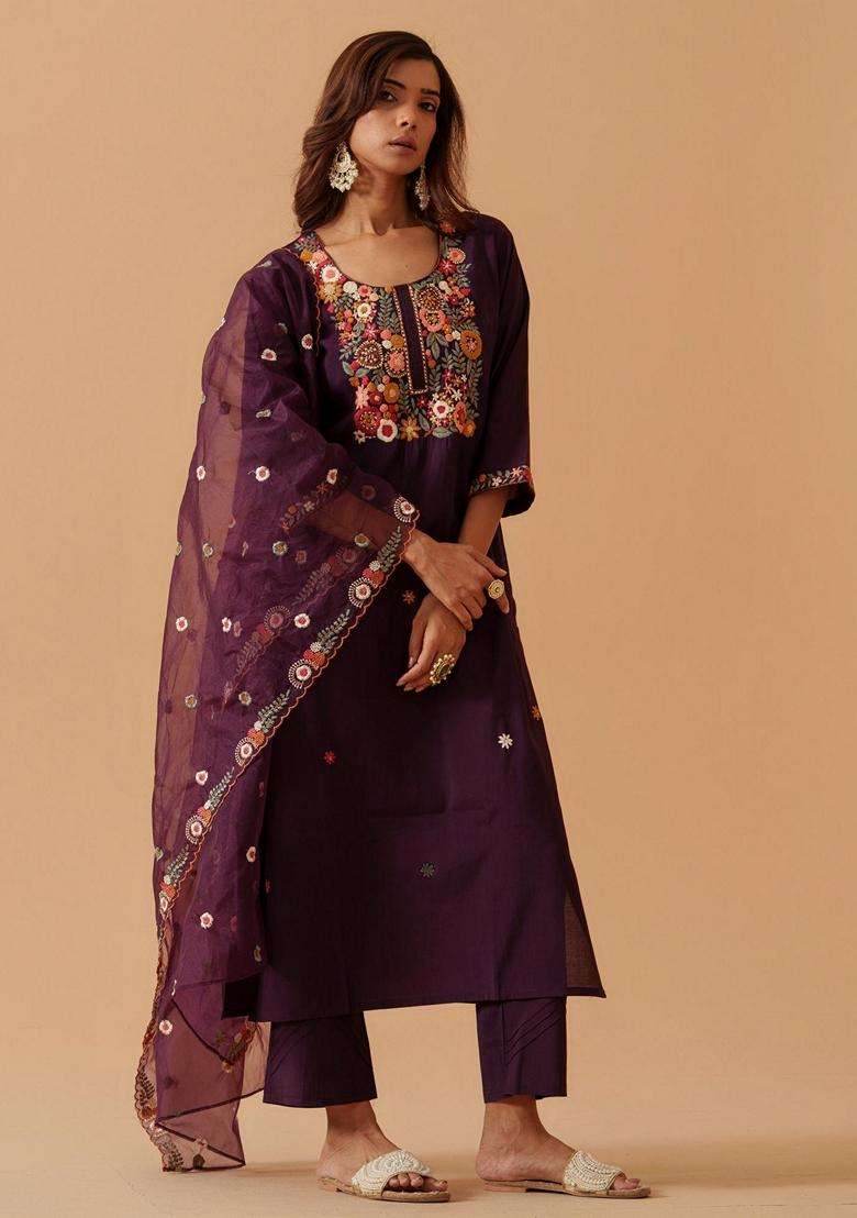 Deep Purple Embroidery Silk Blend Kurta Set - Indya