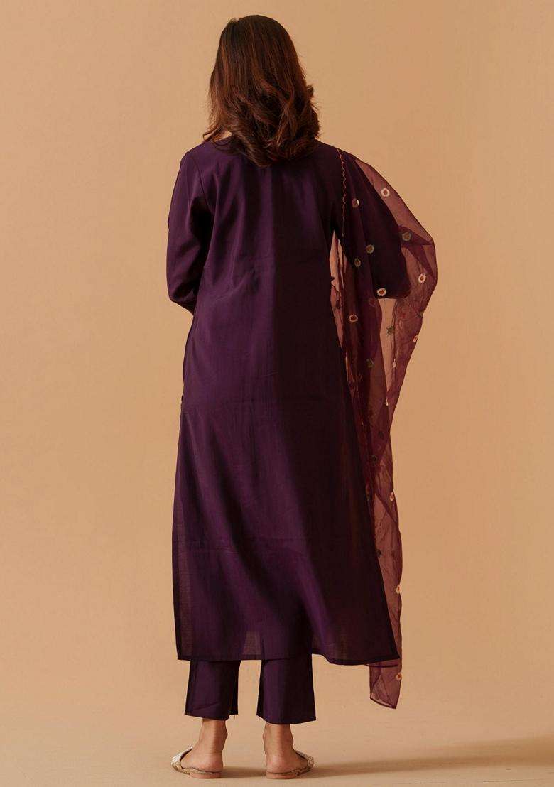 Deep Purple Embroidery Silk Blend Kurta Set - Indya