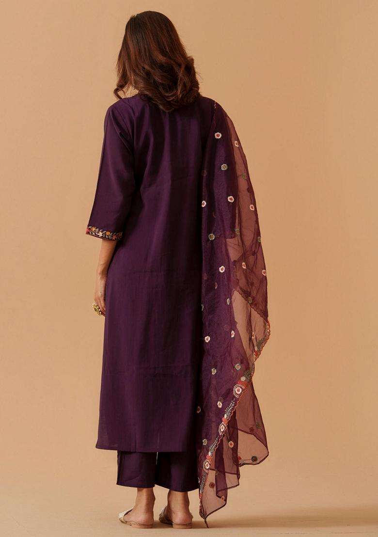 Deep Purple Embroidery Silk Blend Kurta Set - Indya