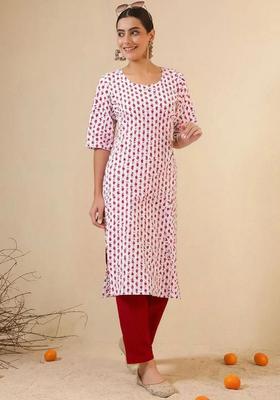 White Printed Crepe Kurta Set