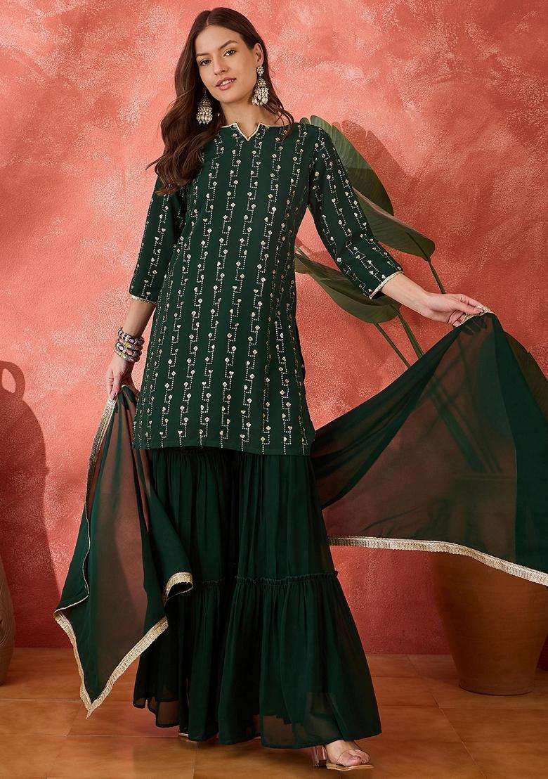 Green Embroidery Georgette Sharara Set - Indya