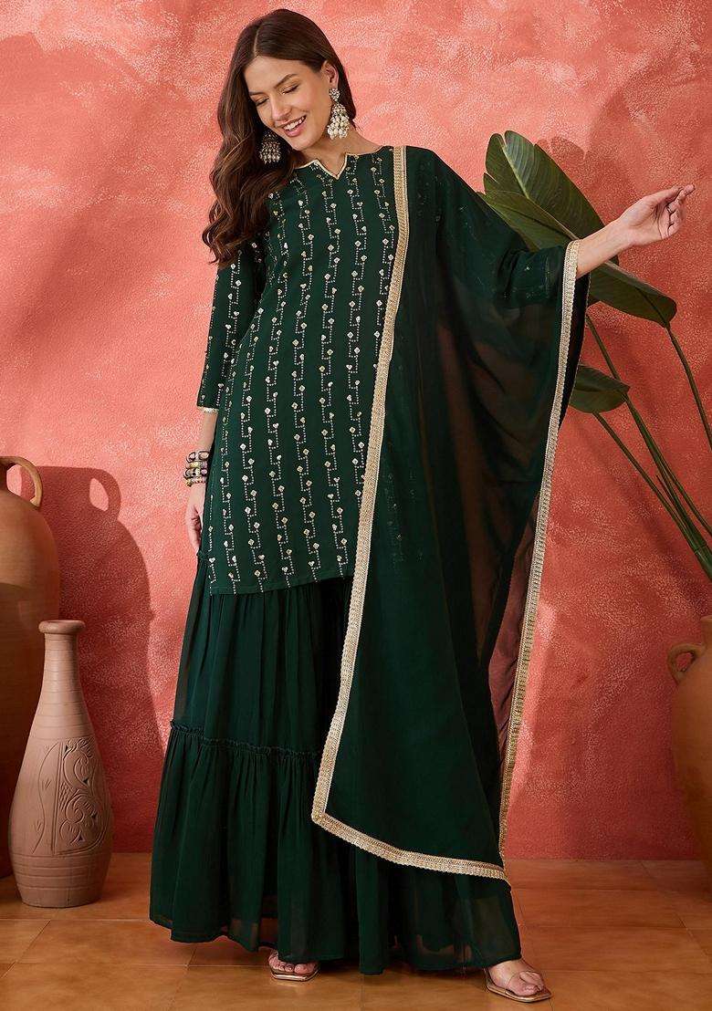 Green Embroidery Georgette Sharara Set - Indya