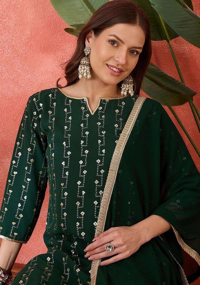 Green Embroidery Georgette Sharara Set - Indya