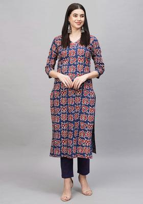 Blue Printed Rayon Kurta Set