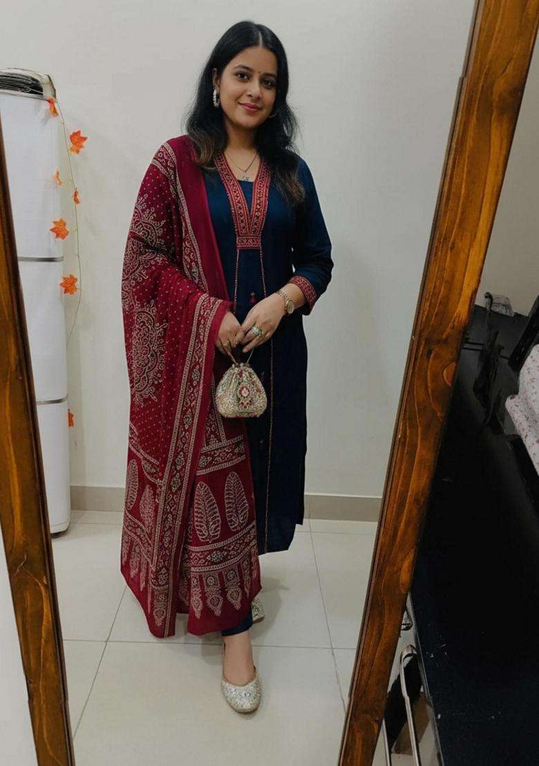 Navy Blue Solid Rayon Kurta Set - Indya