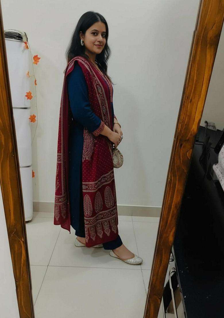 Navy Blue Solid Rayon Kurta Set - Indya