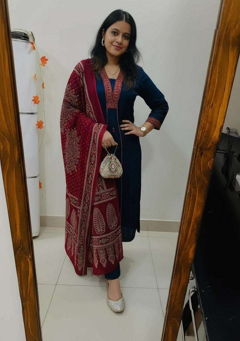 Navy Blue Solid Rayon Kurta Set - Indya