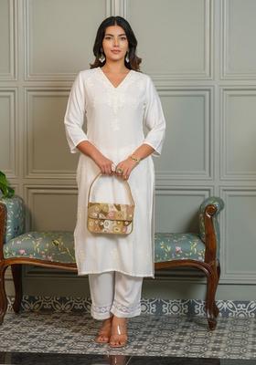 White Embroidery Viscose Kurta Set