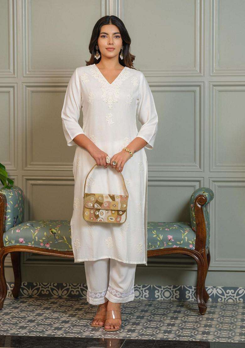 White Embroidery Viscose Kurta Set - Indya