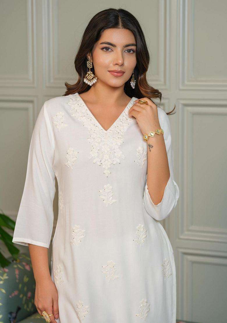 White Embroidery Viscose Kurta Set - Indya