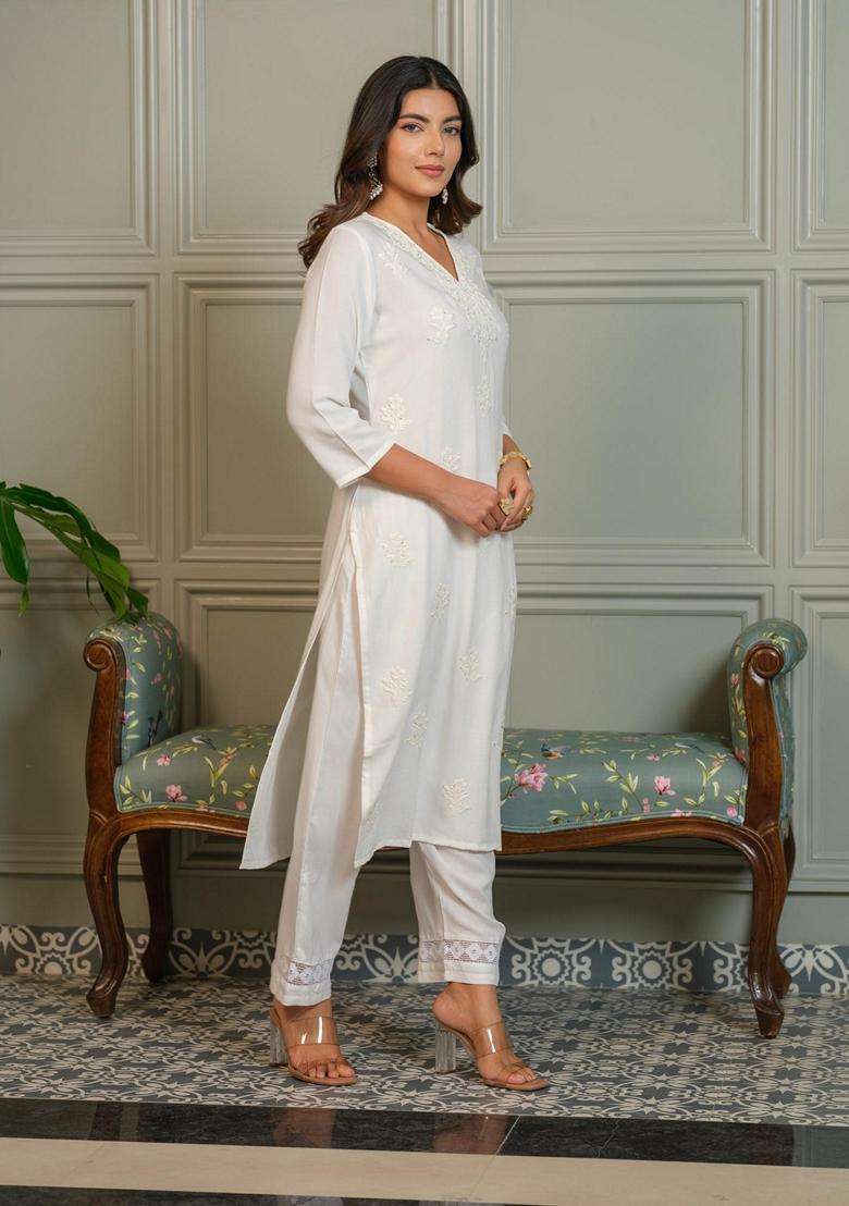 White Embroidery Viscose Kurta Set - Indya