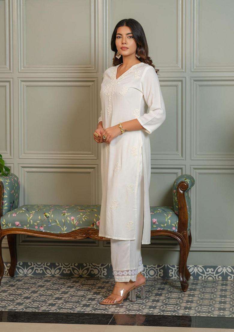 White Embroidery Viscose Kurta Set - Indya