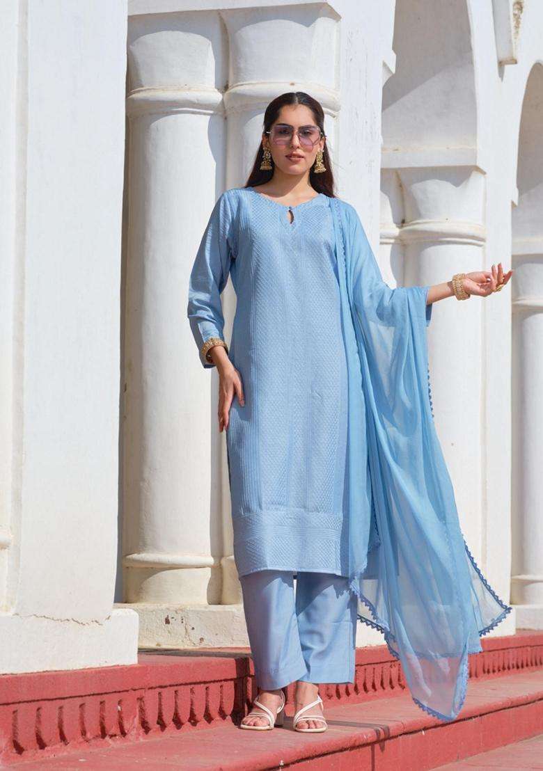 Blue Embroidery Chinon Kurta Set - Indya