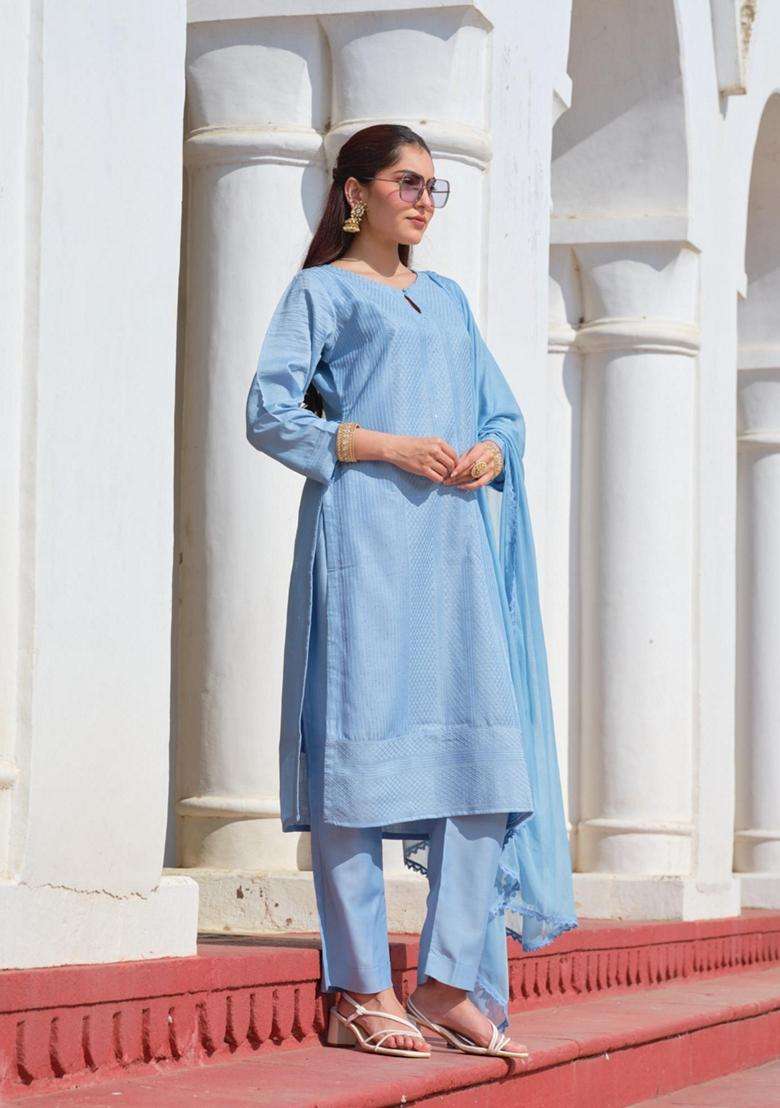 Blue Embroidery Chinon Kurta Set - Indya