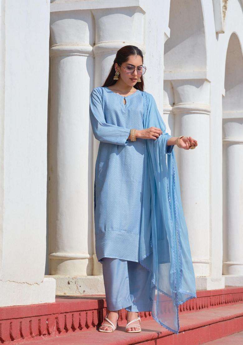 Blue Embroidery Chinon Kurta Set - Indya