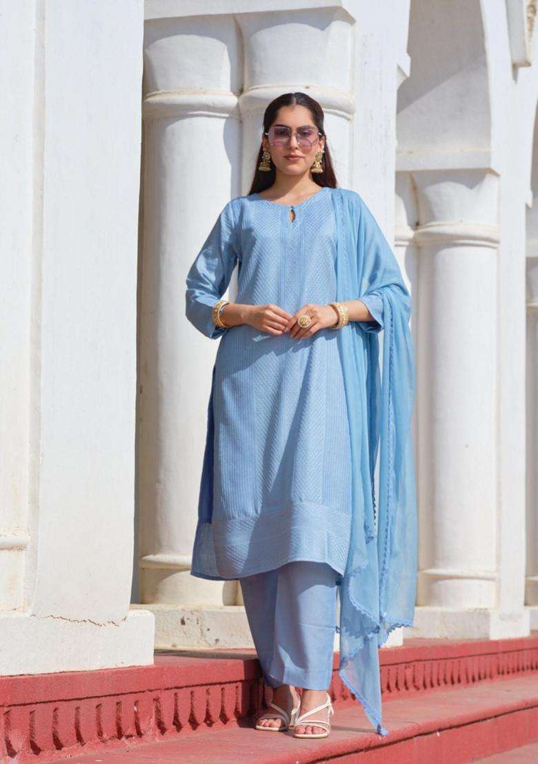 Blue Embroidery Chinon Kurta Set - Indya