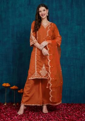 Orange Embroidery Silk Palazzo Set