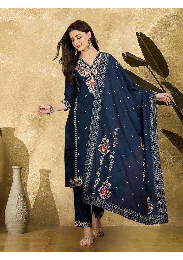 Blue Embroidery Silk Blend Kurta Set - Indya