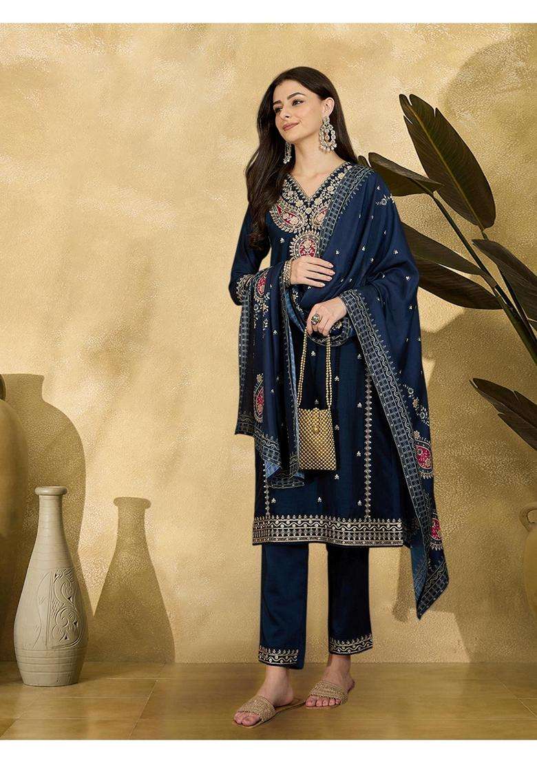 Blue Embroidery Silk Blend Kurta Set - Indya