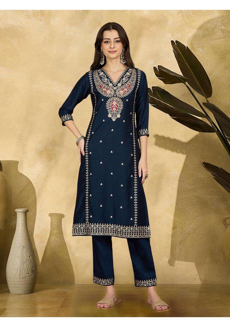 Blue Embroidery Silk Blend Kurta Set - Indya