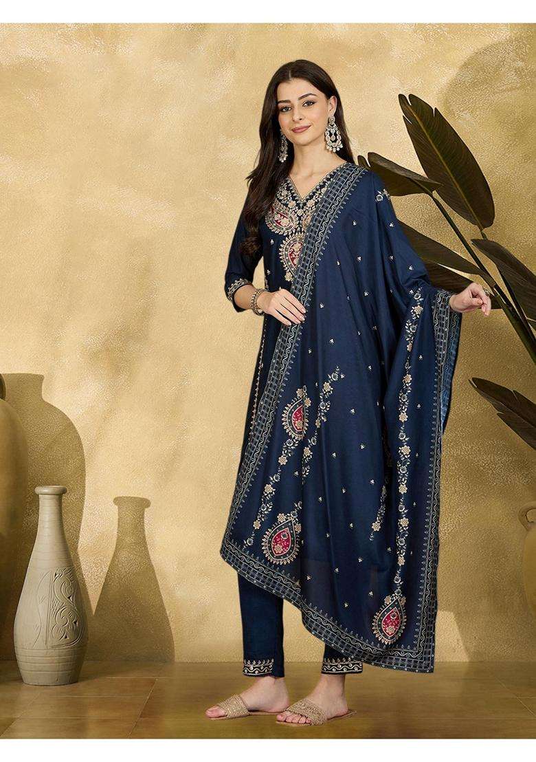 Blue Embroidery Silk Blend Kurta Set - Indya