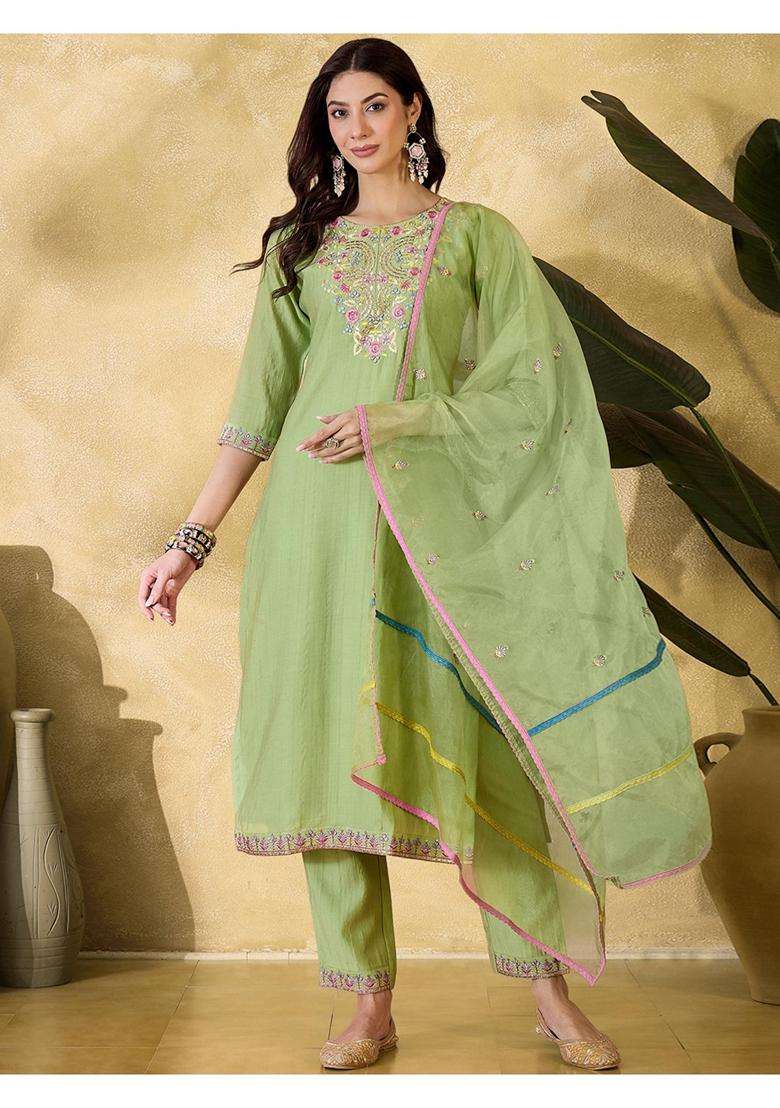 Light Green Embroidery Silk Blend Kurta Set - Indya