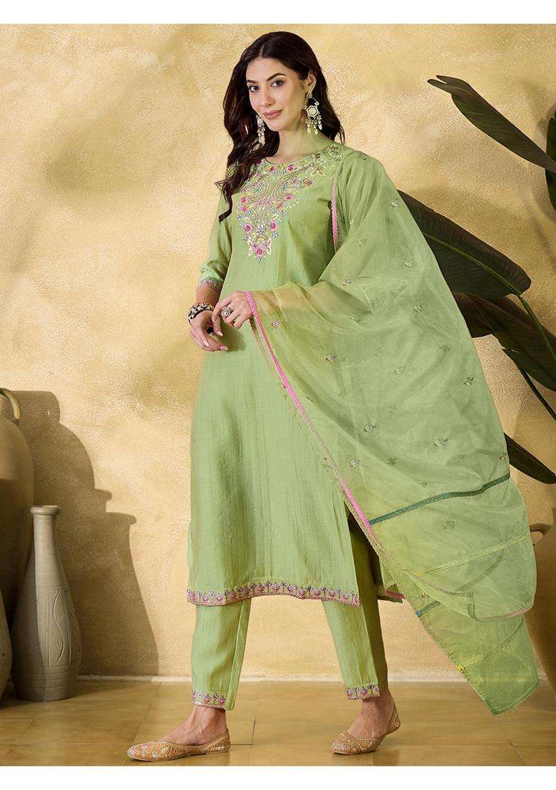 Light Green Embroidery Silk Blend Kurta Set - Indya