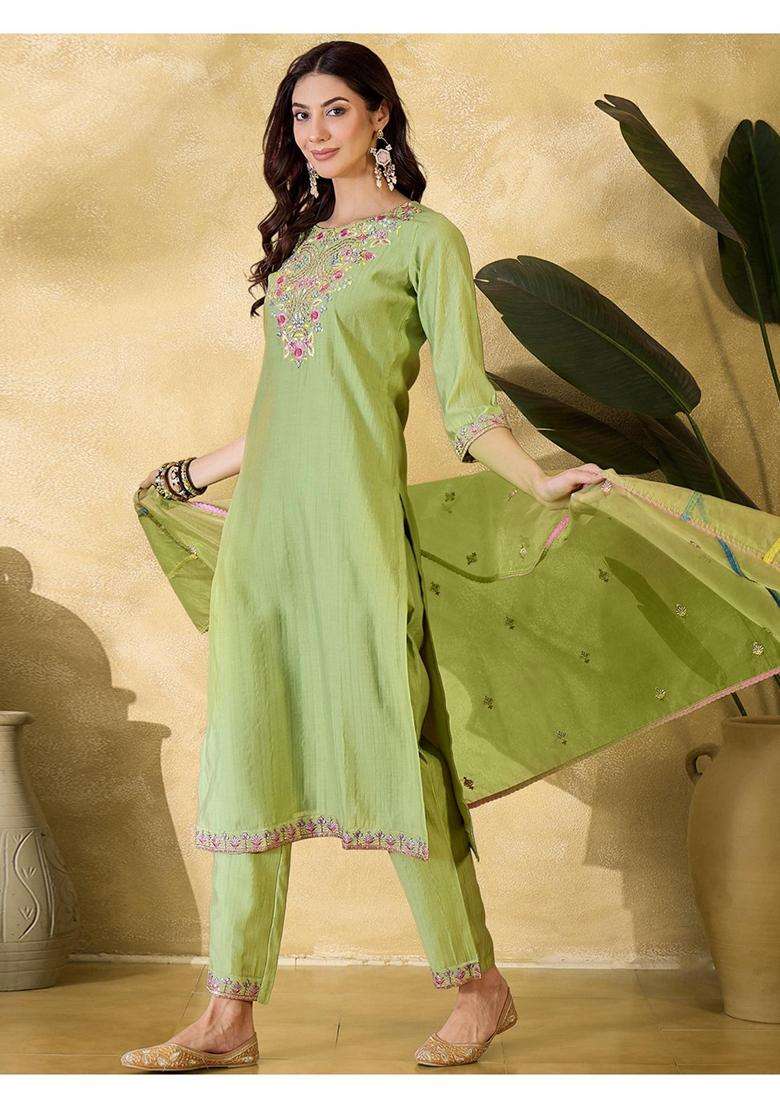 Light Green Embroidery Silk Blend Kurta Set - Indya