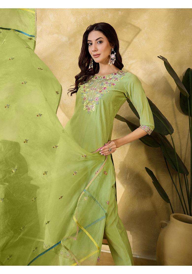 Light Green Embroidery Silk Blend Kurta Set - Indya