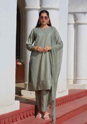 Grey Embroidery Chinon Kurta Set