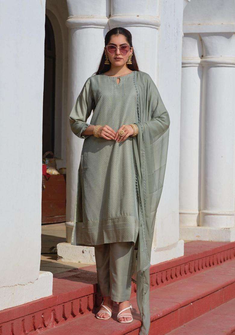 Grey Embroidery Chinon Kurta Set - Indya