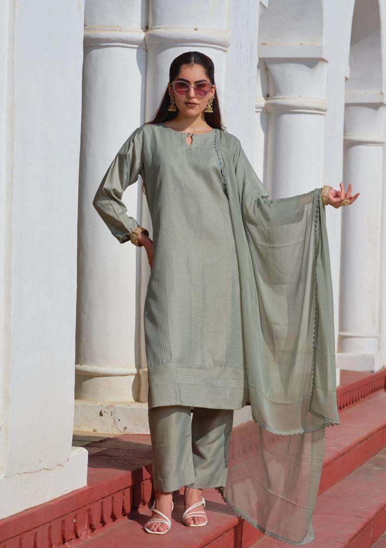 Grey Embroidery Chinon Kurta Set - Indya