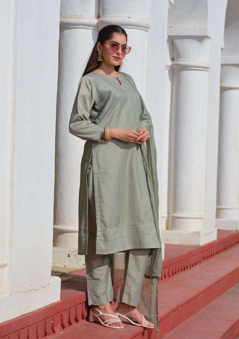 Grey Embroidery Chinon Kurta Set - Indya