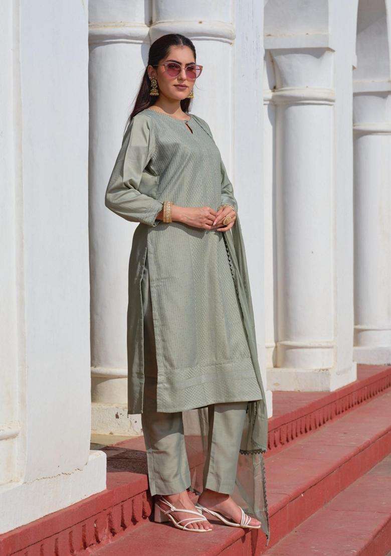 Grey Embroidery Chinon Kurta Set - Indya
