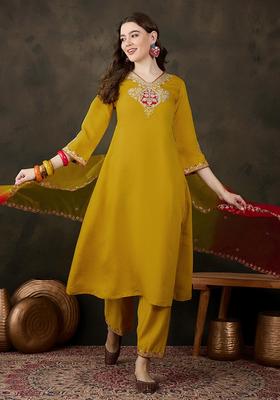 Yellow Embroidery Silk Anarkali Set