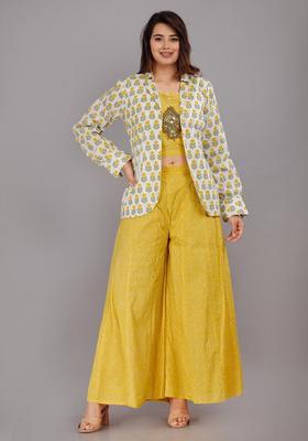 Yellow Printed Cotton Kurta With Jacket Set